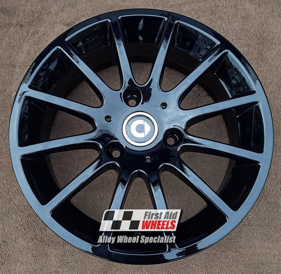 R584GB EXCHANGE SERVICE - SMART A451 4x15" GENUINE 12 SPOKE GLOSS BLACK ALLOY WHEELS