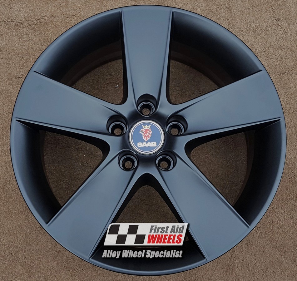 R388SB EXCHANGE SERVICE - SAAB 93 9-3 4x17" GENUINE ALU59 5 SPOKE SATIN BLACK ALLOY WHEELS