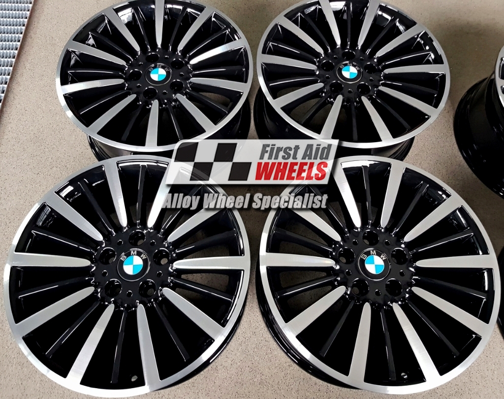 R386DCB EXCHANGE SERVICE - BMW 3/4 SERIES 4x18" GENUINE STYLE 416 GLOSS BLACK DIAMOND CUT ALLOY WHEELS