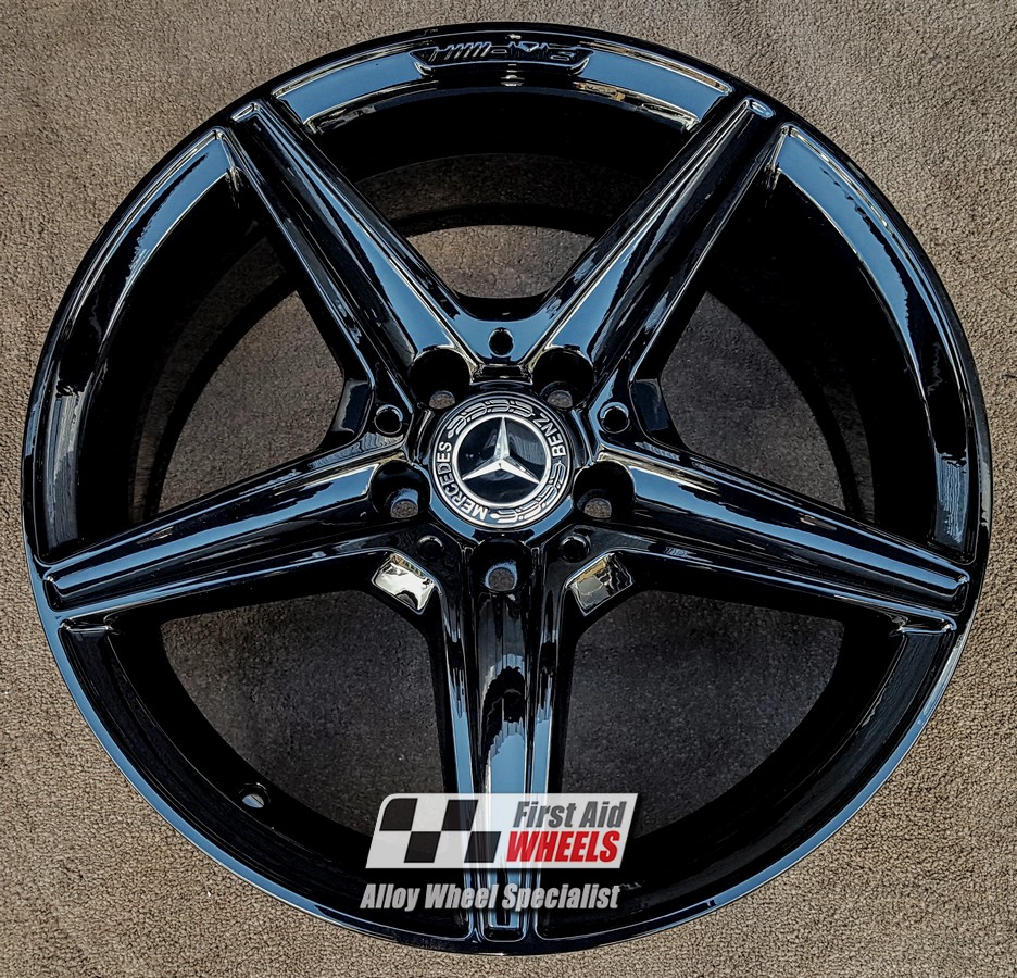 R355GB EXCHANGE SERVICE - MERCEDES C CLASS 4x18" GENUINE AMG 5 SPOKE GLOSS BLACK ALLOY WHEELS