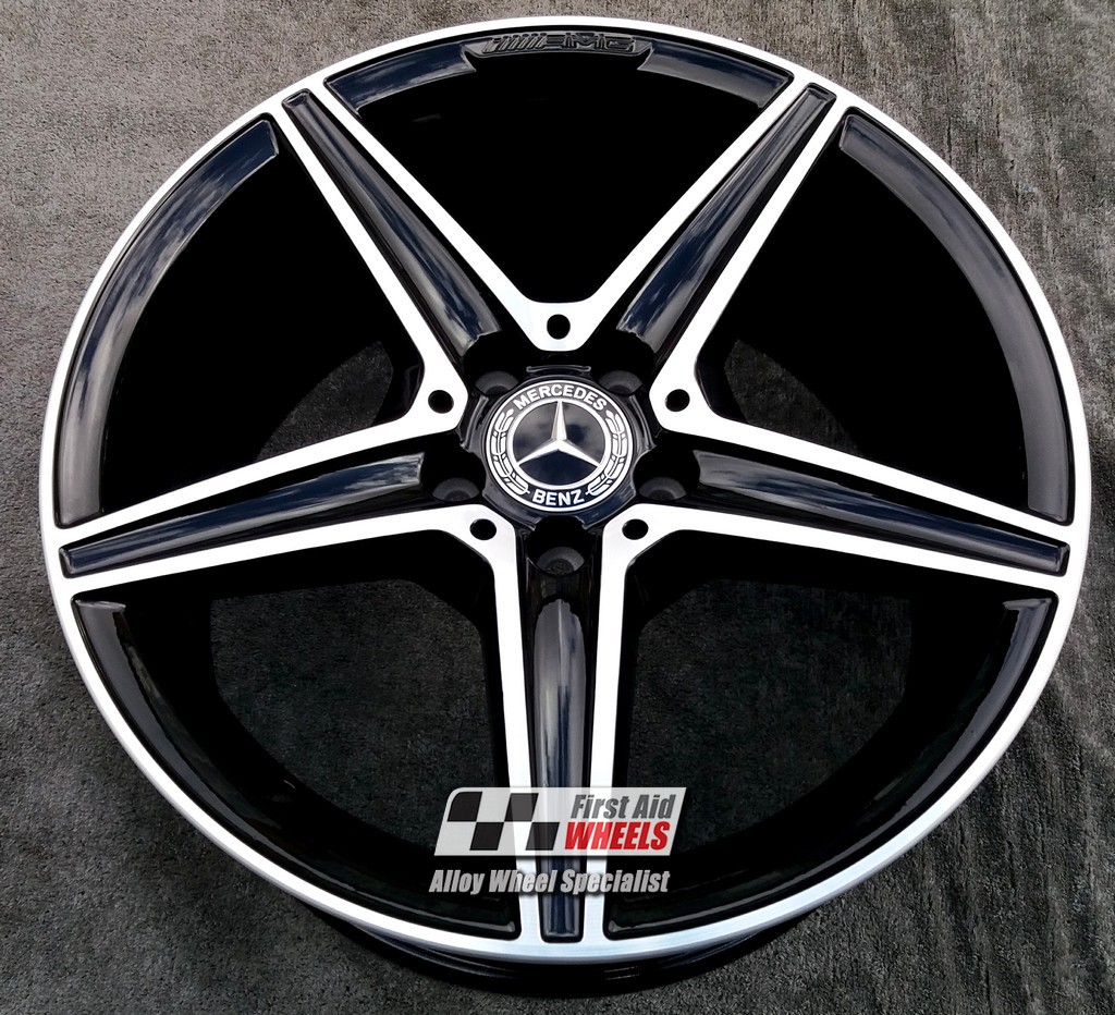 R355DCB EXCHANGE SERVICE - MERCEDES C CLASS 4x18" GENUINE AMG 5 SPOKE GLOSS BLACK DIAMOND CUT ALLOY WHEELS