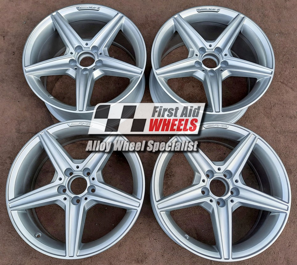 R355S EXCHANGE SERVICE - MERCEDES C CLASS 4x18" GENUINE AMG 5 SPOKE SILVER ALLOY WHEELS