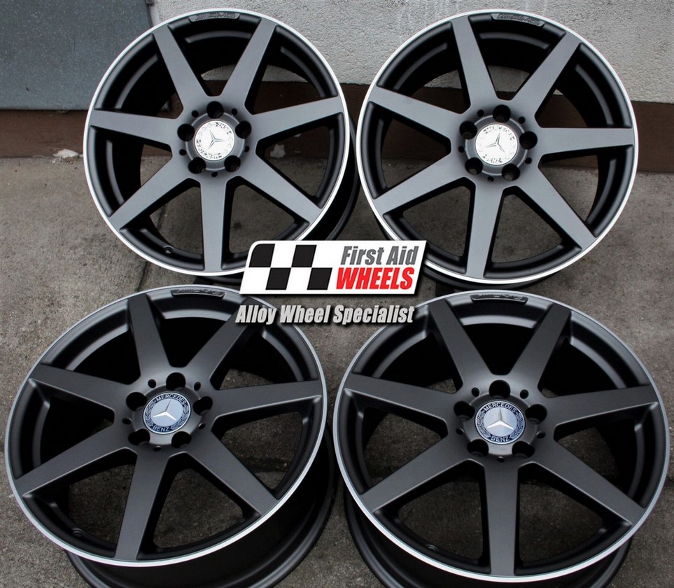 R244BMD EXCHANGE SERVICE - MERCEDES C CLASS 4x18" GENUINE AMG 7 SPOKE MATT BLACK DIAMOND RIM ALLOY WHEELS