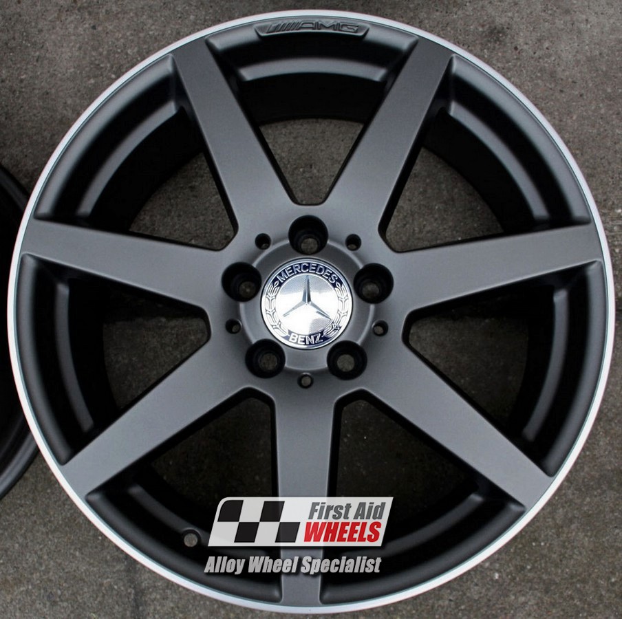 R244BMD EXCHANGE SERVICE - MERCEDES C CLASS 4x18" GENUINE AMG 7 SPOKE MATT BLACK DIAMOND RIM ALLOY WHEELS