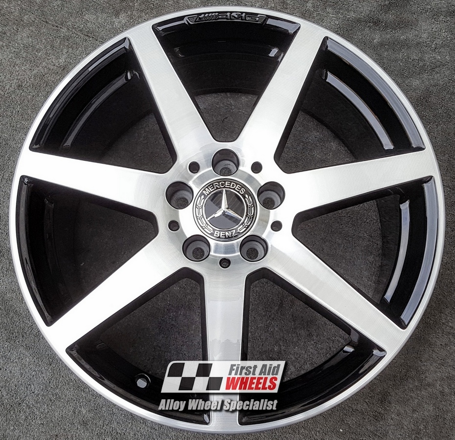 R244DCB EXCHANGE SERVICE - MERCEDES C CLASS 4x18" GENUINE AMG 7 SPOKE GLOSS BLACK DIAMOND CUT ALLOY WHEELS