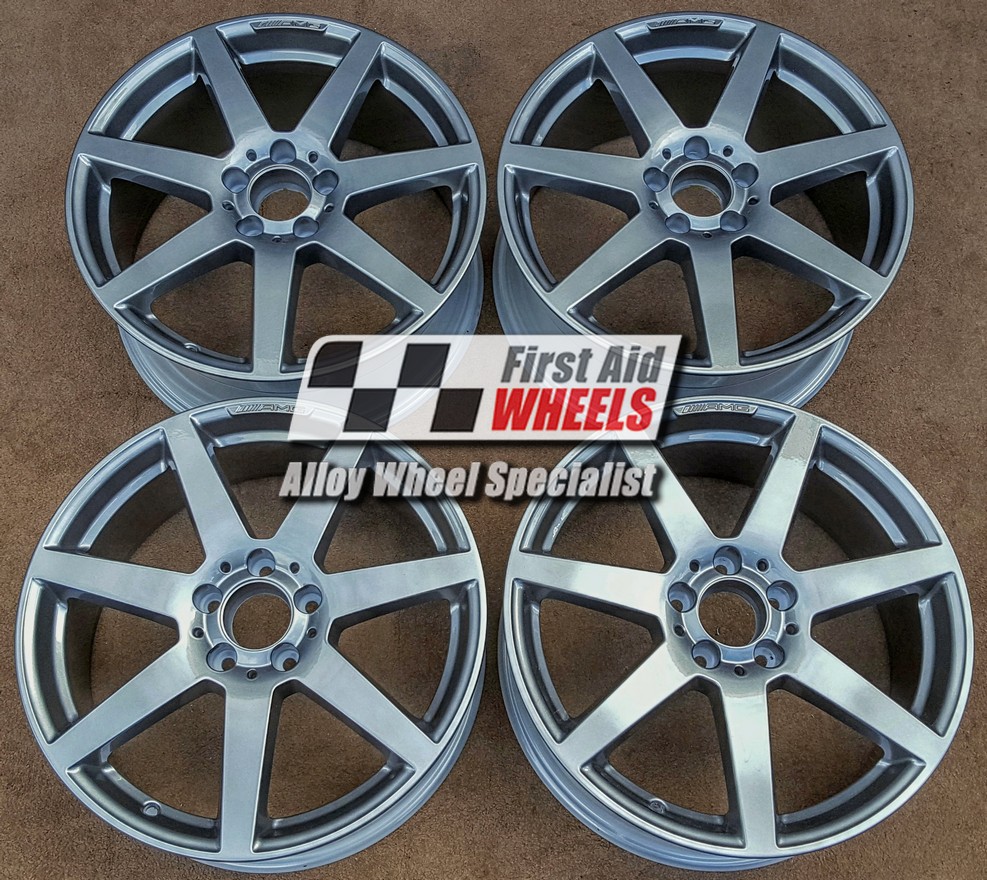 R244G EXCHANGE SERVICE - MERCEDES C CLASS 4x18" GENUINE AMG 7 SPOKE GREY ALLOY WHEELS