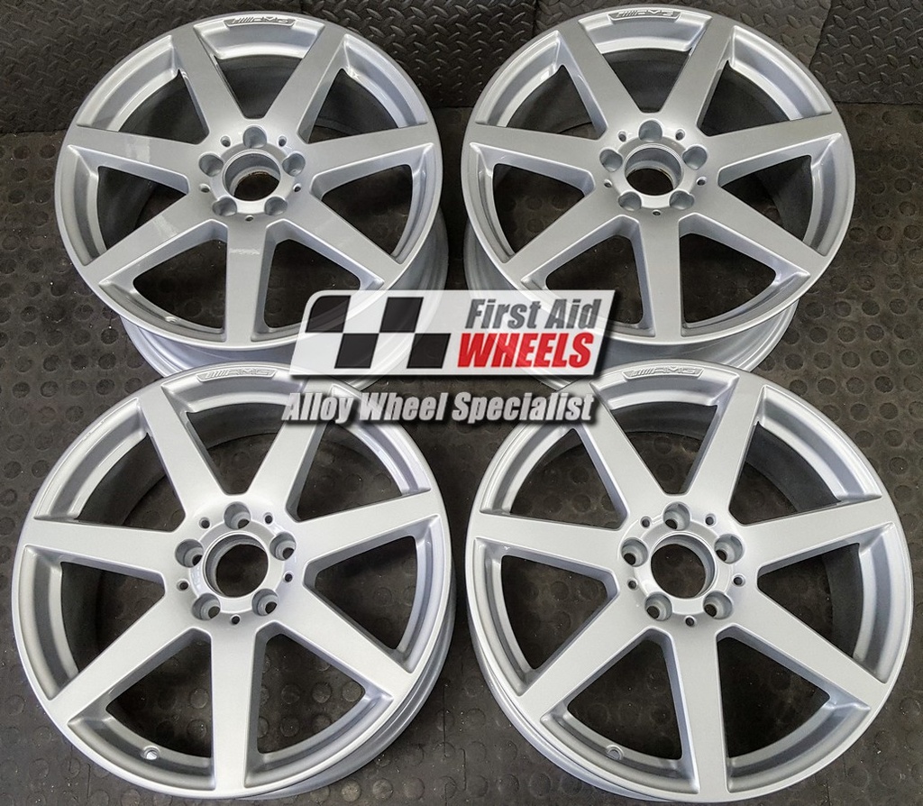 R244S EXCHANGE SERVICE - MERCEDES C CLASS 4x18" GENUINE AMG 7 SPOKE SILVER ALLOY WHEELS