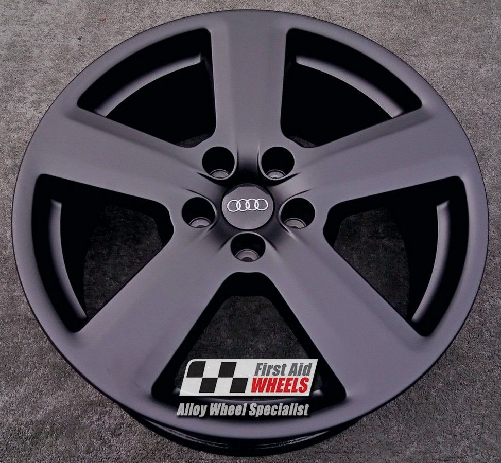 R119SB EXCHANGE SERVICE - AUDI A4 A6 4x18" GENUINE S-LINE 5 SPOKE SATIN BLACK ALLOY WHEELS