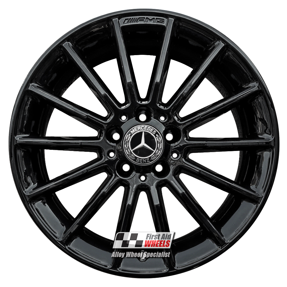 R412GB EXCHANGE SERVICE - MERCEDES A B CLASS CLA 4x18" GENUINE AMG GLOSS BLACK ALLOY WHEELS