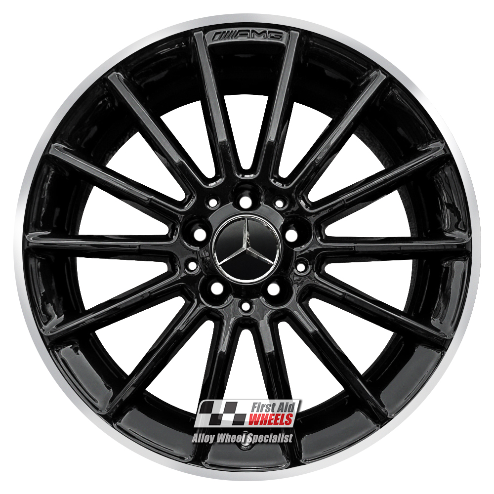 R412BGD EXCHANGE SERVICE - MERCEDES A B CLASS CLA 4x18" GENUINE AMG GLOSS BLACK DIAMOND RIM ALLOY WHEELS